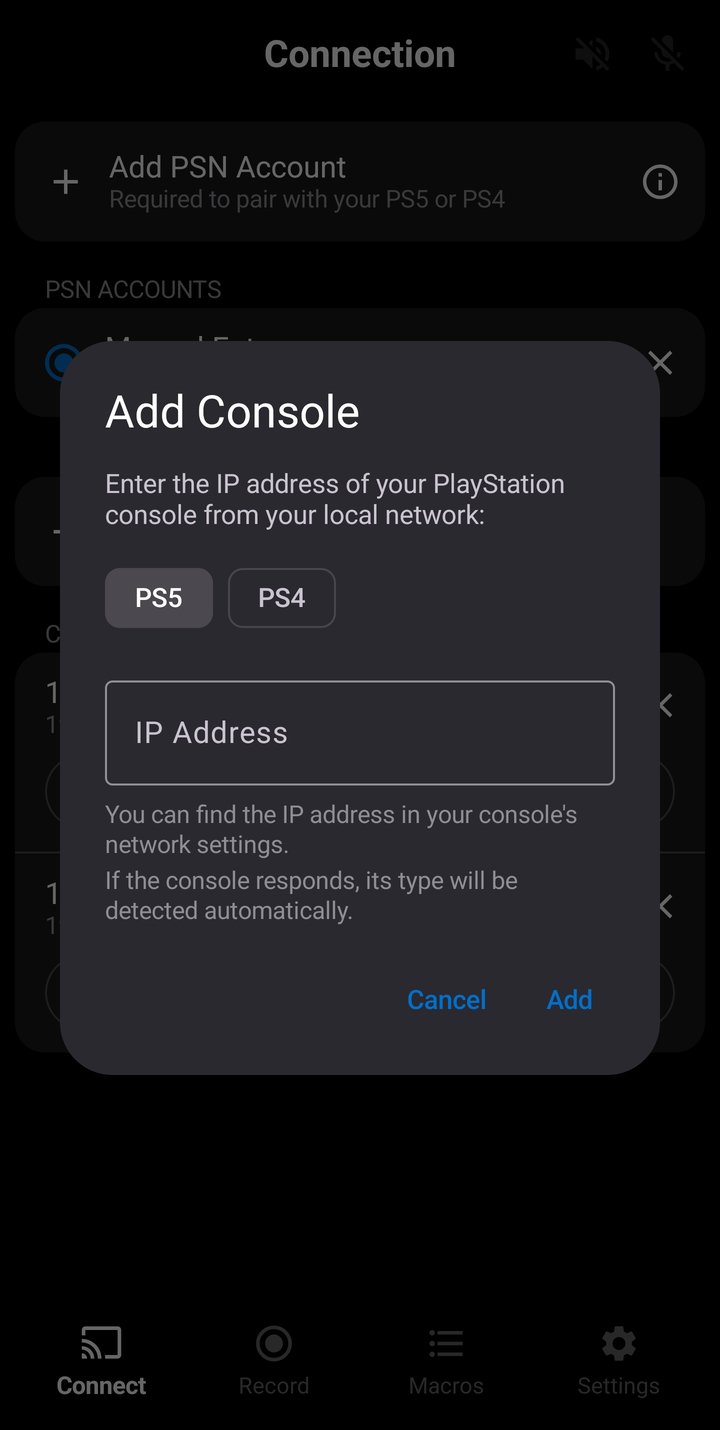 Connection Screen showing console discovery
