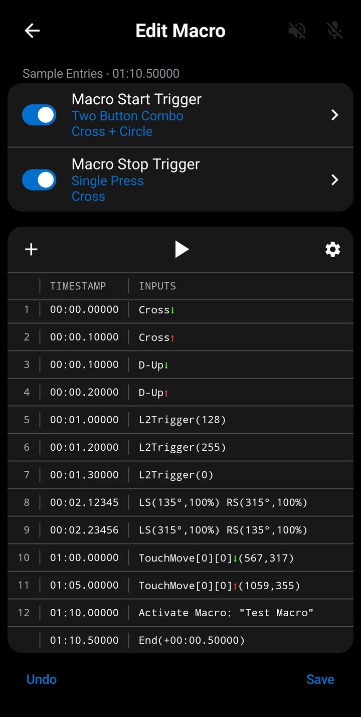 Macro Editor showing entry list with timestamps, input descriptions, and playback controls