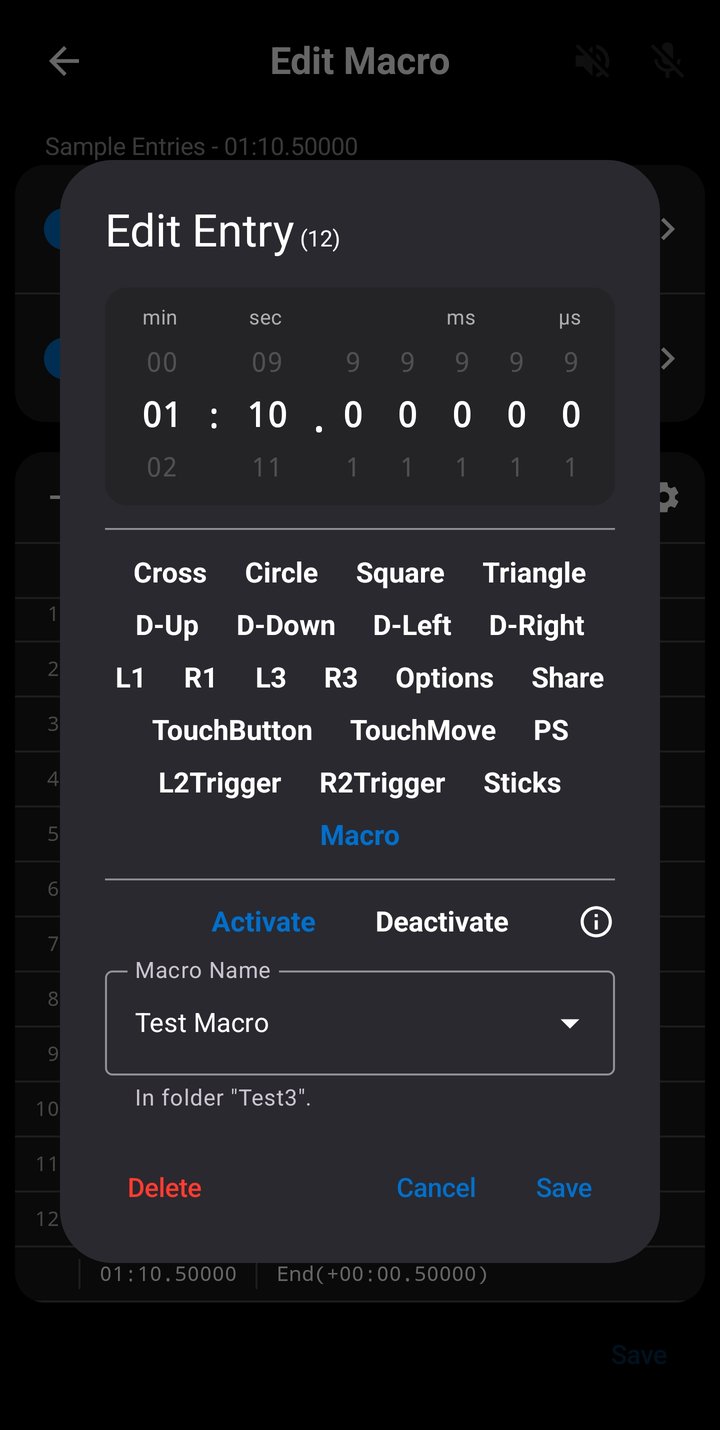 Entry Editor dialog - Macro command with Activate/Deactivate action and the target macro name selector